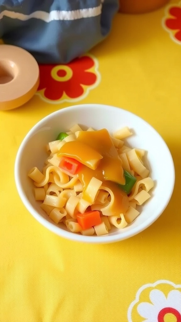 Soft homemade noodles for babies served with vegetable puree in a small bowl.